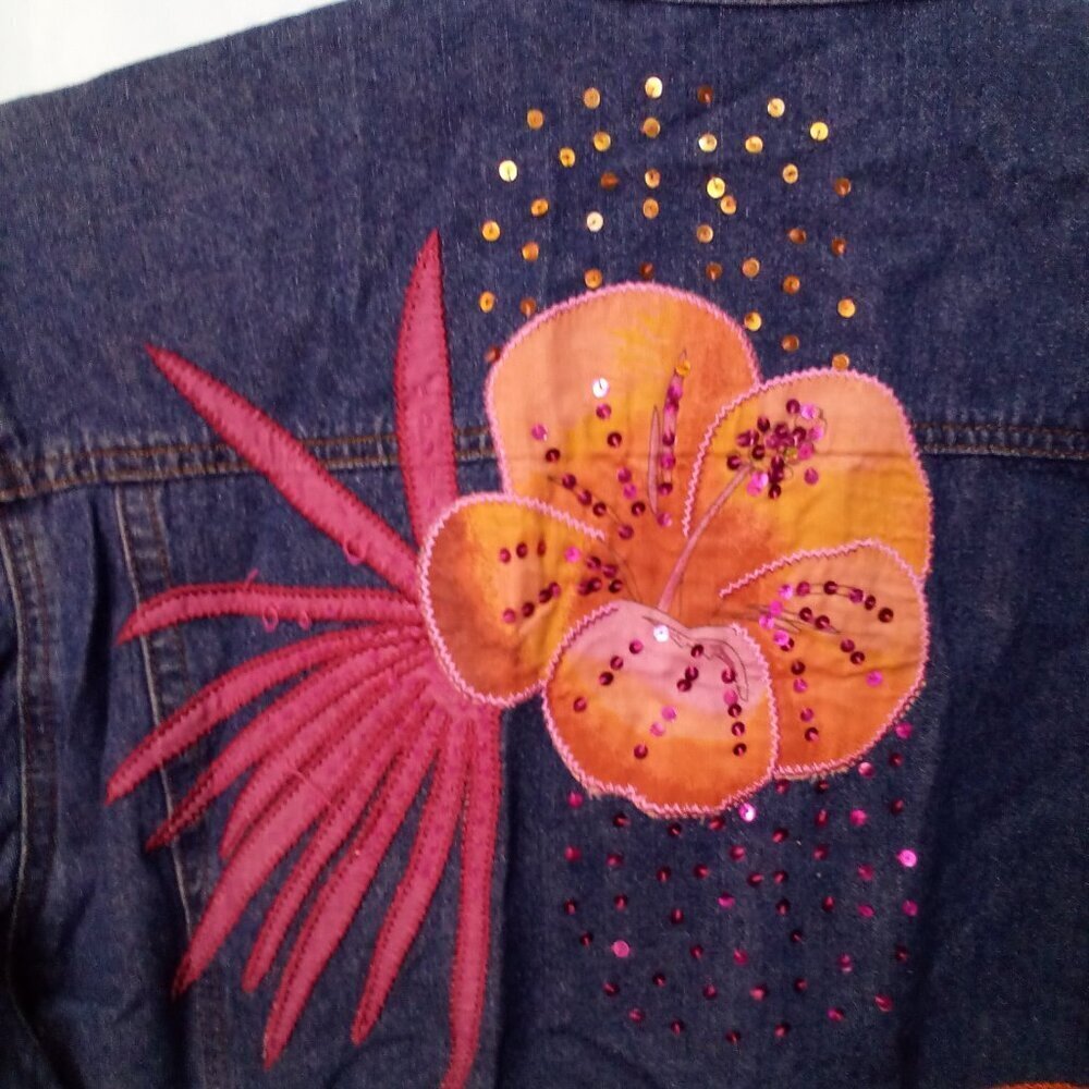Lighthouse Apparel Jacket Women M Denim Flower Patches Sequins Button Up - Picture 12 of 15